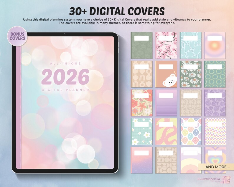 May include: A digital planner displayed on a tablet, featuring the text "2026 DIGITAL PLANNER." The image showcases a variety of digital cover designs in different colors and patterns, with the text "30+ DIGITAL COVERS" at the top.