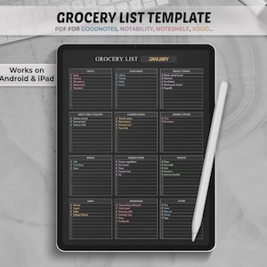 Digital Grocery List Template, Dark Mode Grocery List Page, Digital Planner, Goodnotes Planner,  Shopping List, Goodnotes, Notability