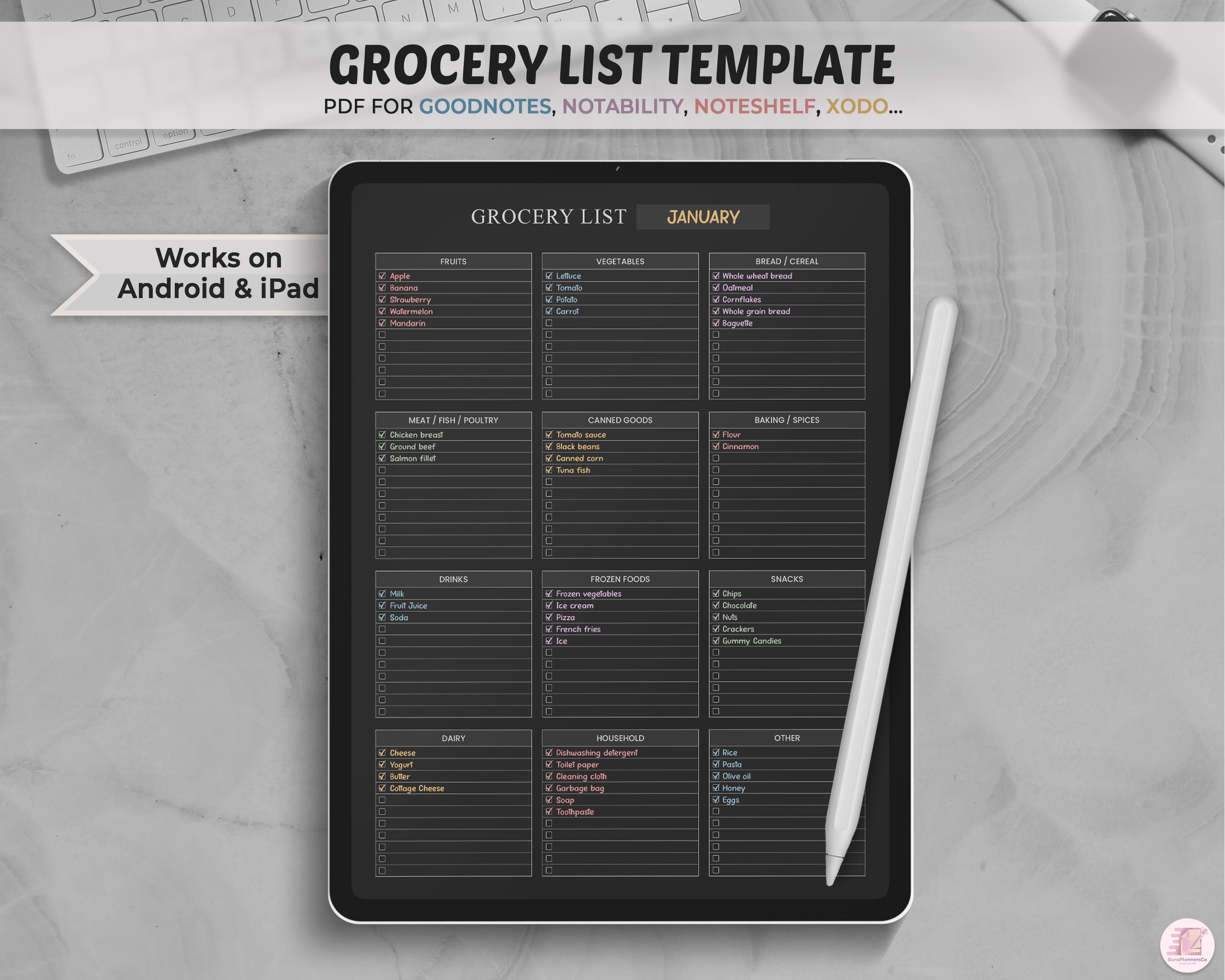 Digital Grocery List Template, Dark Mode Grocery List Page, Digital Planner, Goodnotes Planner,  Shopping List, Goodnotes, Notability