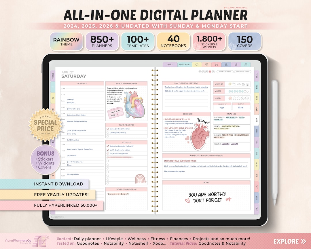 Allinone Digital Planner 2024, 2025, 2026, Undated Digital Planner