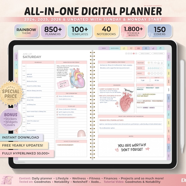 All-in-One-Digitalplaner 2024, 2025, 2026, undatierter digitaler Planer, digitales Journal, digitale Goodnotes-Vorlage, Notability, Tagesplaner