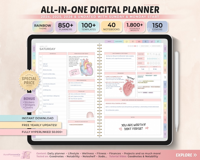 All-in-One Digital Planner 2024, 2025, 2026, Undated Digital Planner, Digital Journal, Digital Goodnotes Template, Notability, Daily Planner Bild 1