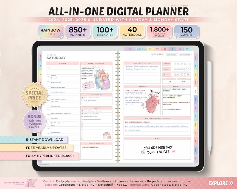 Agenda digitale all-in-one 2024, 2025, 2026, agenda digitale senza data, diario digitale, modello Goodnotes digitale, notabilità, agenda giornaliera immagine 1