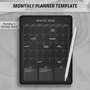 Monthly Planner Goodnotes Template, Monthly Dark Planner Page, Monthly Digital Planner, Undated Monthly Planner, Goodnotes, Notability