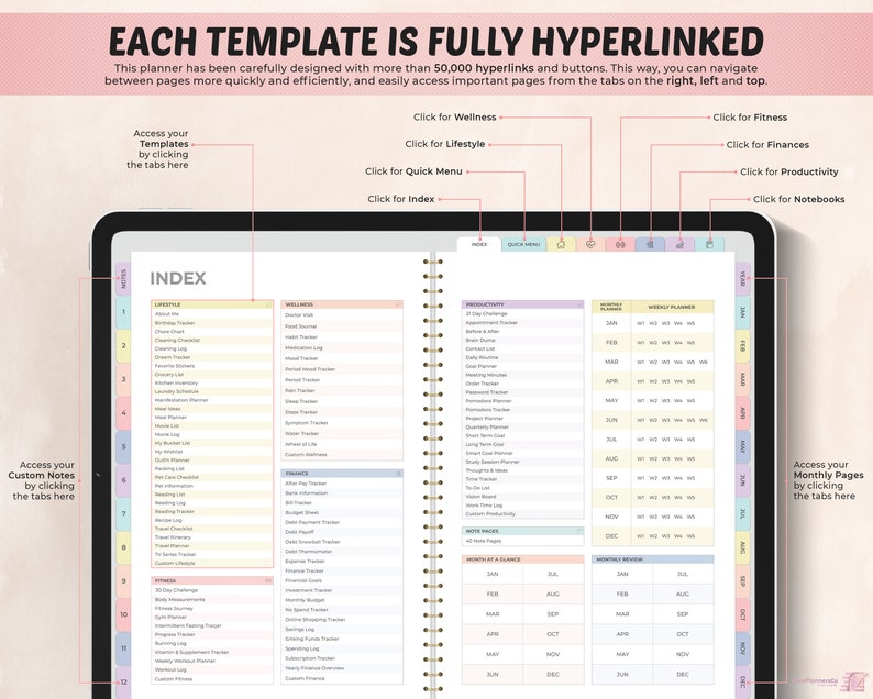 May include: A close-up of a planner with a colorful tabbed index. The planner is open to the index page, which lists various categories such as "Lifestyle", "Wellness", "Finances", and "Productivity". The planner is designed with hyperlinks and buttons for easy navigation.