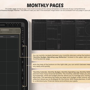 May include: Digital financial budget planner interface with monthly pages. The interface includes tabs for custom notes, and buttons for budget, spending log, and reflection. The planner displays monthly calendars, budget, spending log, and reflection pages.