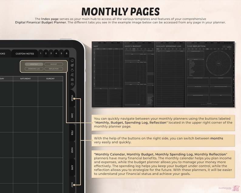 May include: Digital financial budget planner interface with monthly pages. The interface includes tabs for custom notes, and buttons for budget, spending log, and reflection. The planner displays monthly calendars, budget, spending log, and reflection pages.