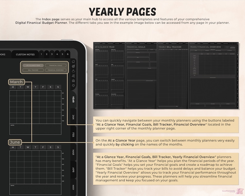 May include: A digital financial budget planner displayed on a tablet. The screen shows yearly pages with options for financial goals, bill tracking, and financial overview. The planner includes monthly calendars and navigation buttons.