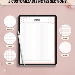 May include: Digital planner on a tablet with five customisable notes sections: dotted, lined, grid, staff, and blank. The tablet is black with a white stylus. The background is a soft pink.