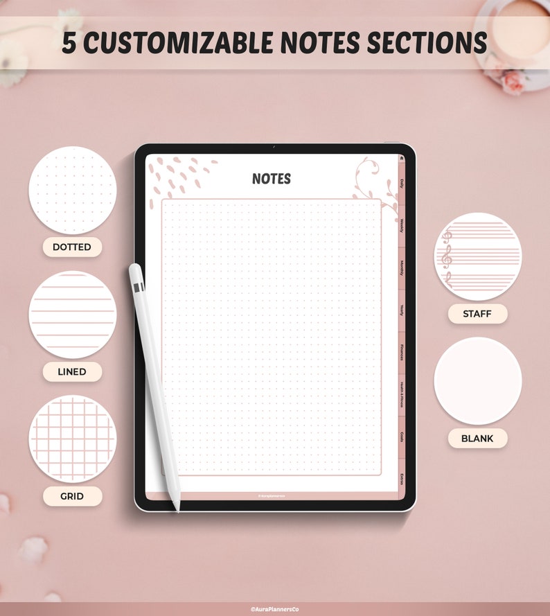 May include: Digital planner on a tablet with five customisable notes sections: dotted, lined, grid, staff, and blank. The tablet is black with a white stylus. The background is a soft pink.