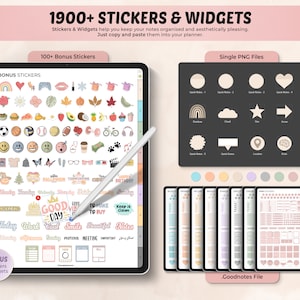 May include: A digital planner with over 1900 stickers and widgets. The planner includes a variety of stickers, including hearts, stars, rainbows, and more. The planner also includes widgets for quick notes, location, and other tasks. The planner is designed to help users keep their notes organized and aesthetically pleasing.
