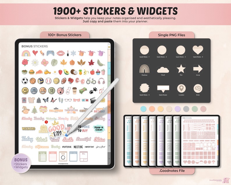 May include: A digital planner with over 1900 stickers and widgets. The planner includes a variety of stickers, including hearts, stars, rainbows, and more. The planner also includes widgets for quick notes, location, and other tasks. The planner is designed to help users keep their notes organized and aesthetically pleasing.