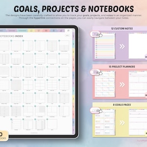 May include: Digital notebook with the text "GOALS, PROJECTS & NOTEBOOKS". The notebook index shows various layouts. Includes 12 custom notes, 15 project planners, and 8 goals pages. The notebook is designed for organized note-taking.