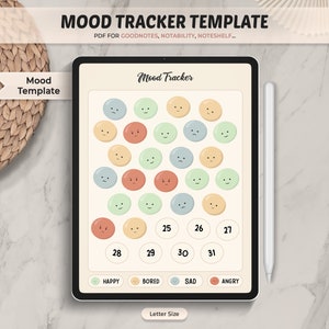 Pode incluir: Um modelo de rastreamento de humor digital com uma grade de rostos sorridentes coloridos. O modelo é projetado para uso com aplicativos de anotações digitais como Goodnotes, Notability e Noteshelf. O modelo inclui uma legenda com quatro humores diferentes: feliz, entediado, triste e com raiva.