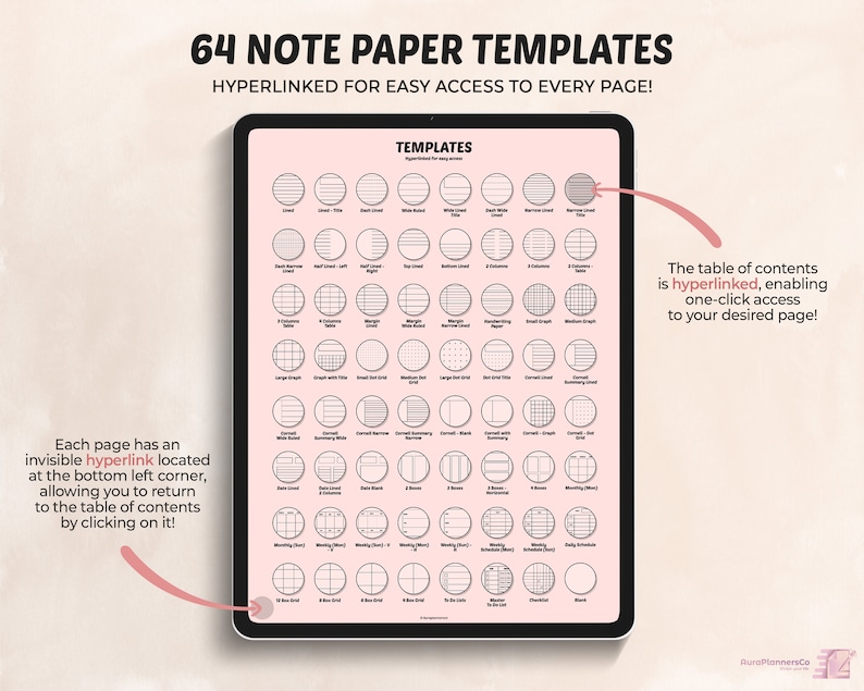 May include: A digital tablet screen displaying 64 different note paper templates. The templates are organized in a grid and each template is a circle with a different design. The text "64 NOTE PAPER TEMPLATES" is at the top of the screen. The text "HYPERLINKED FOR EASY ACCESS TO EVERY PAGE!" is below the title. The text "TEMPLATES" is at the top of the grid of templates. The text "The table of contents is hyperlinked, enabling one-click access to your desired page!" is on the right side of the screen. The text "Each page has an invisible hyperlink located at the bottom left corner, allowing you to return to the table of contents by clicking on it!" is on the left side of the screen.