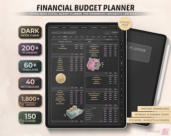 Dark Mode Digital Financial Budget Planner, Undated Digital Planner, Finance Tracker, Goodnotes Template, Budget Planner, Monthly Budget