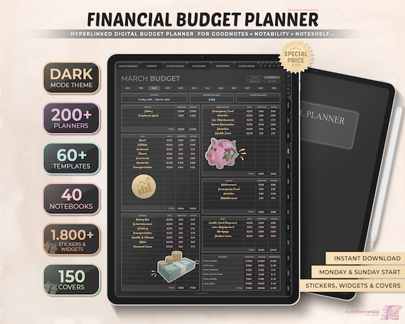 Dark Mode Digital Financial Budget Planner, Undated Digital Planner, Finance Tracker, Goodnotes Template, Budget Planner, Monthly Budget