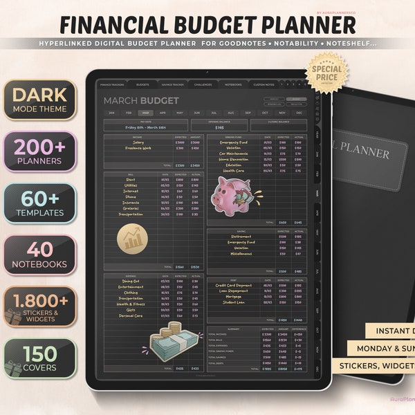 Dark Mode Digital Financial Budget Planner, Undated Digital Planner, Finance Tracker, Goodnotes Template, Budget Planner, Monthly Budget