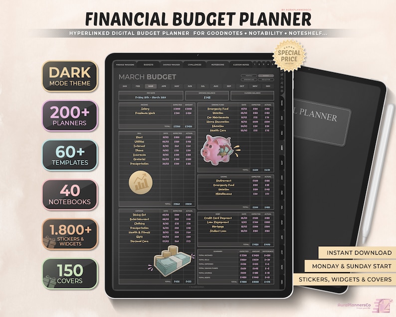 May include: A digital financial budget planner displayed on a tablet. The planner features a dark mode theme, with sections for March budget, and includes 200+ planners, 60+ templates, 40 notebooks, 1,800+ stickers & widgets, and 150 covers. The image also includes the text "Instant Download".