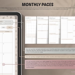 May include: Digital planner showing monthly pages with tabs for review, budget, and glance. The planner includes a calendar grid with day numbers for easy navigation. Text highlights the planner's features and navigation.