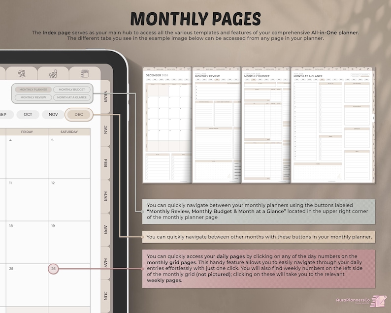 May include: Digital planner showing monthly pages with tabs for review, budget, and glance. The planner includes a calendar grid with day numbers for easy navigation. Text highlights the planner's features and navigation.