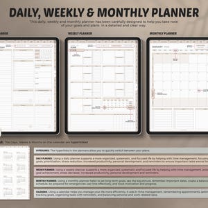 May include: A digital planner with daily, weekly, and monthly views. The beige-themed planner displays a calendar, with sections for notes and scheduling. The image includes text that reads "Daily, Weekly & Monthly Planner."
