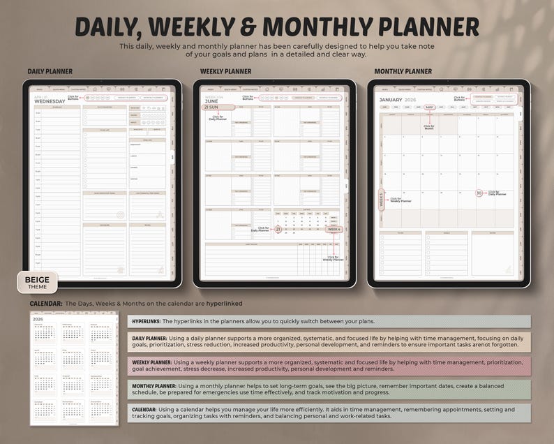 May include: A digital planner with daily, weekly, and monthly views. The beige-themed planner displays a calendar, with sections for notes and scheduling. The image includes text that reads "Daily, Weekly & Monthly Planner."