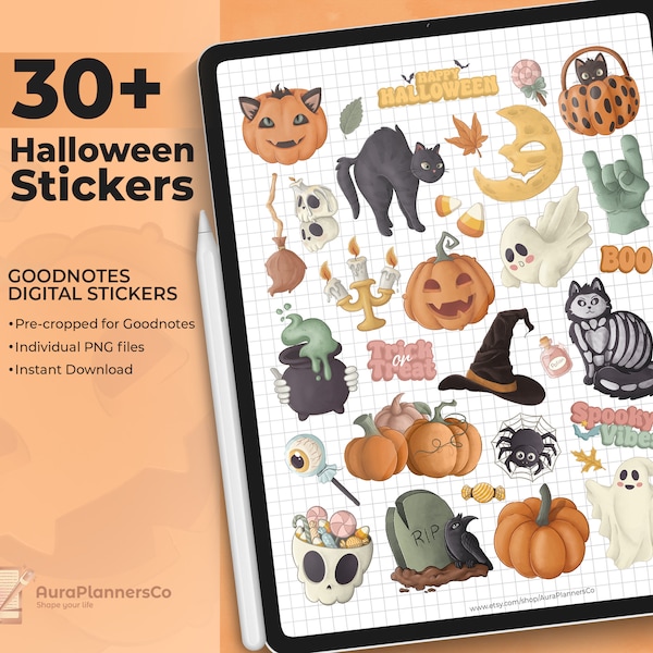 Halloween Digital Stickers, Goodnotes Stickers, Holiday Stickers, Halloween Stickers, Pre-cropped Stickers, Spooky Stickers, PNG Stickers