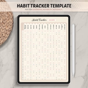 May include: A digital habit tracker template displayed on a tablet. The beige-colored tracker features a grid layout with columns for daily habits and rows for dates. The text "Habit Tracker" and "January" are visible. A white stylus rests beside the tablet.