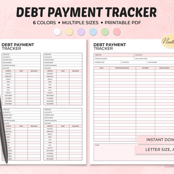 Debt Payment Tracker Printable, Printable Planner, Monthly Budget Planner, Debt Snowball Tracker, Debt Payoff Log, US Letter, A4, A5