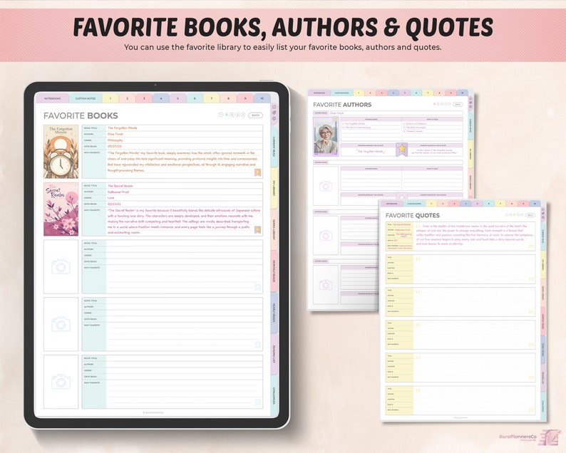 May include: A digital planner with pastel pink, yellow, and blue accents. The planner is divided into three sections: Favorite Books, Favorite Authors, and Favorite Quotes. Each section has a grid layout with space for listing titles, authors, and quotes.