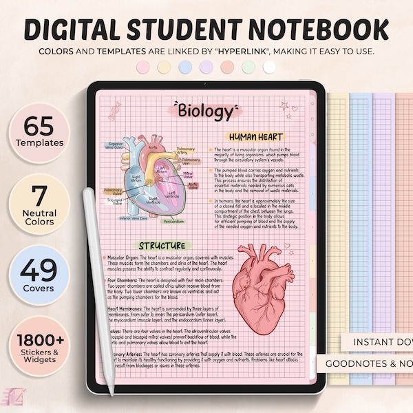 Digitales Studenten-Notizbuch im Hochformat mit Tabs, Notizpapier, Digitales Papier, Liniert, Gitter, Gepunktet, Leer, Digitale Vorlage, Notizvorlage