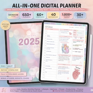May include: A digital planner for 2025 with a rainbow theme. The planner includes 650+ planners, 60+ templates, 40 notebooks, 1,000+ stickers and widgets, and 30+ covers. The planner is compatible with iPad and tablet devices. The planner is fully hyperlinked and includes 40,000+ bonus stickers, widgets, and covers.