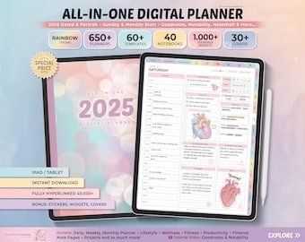 2025 All-in-One Digital Planner, Goodnotes Planner, Digital Calendar, Daily, Weekly, Monthly Journal, Digital Journal, Notability Templates