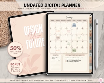 Undated Goodnotes Planner, Monthly Digital Planner, Goodnotes Template, iPad Planner, Digital Templates Pdf, Goodnotes Stickers Vintage
