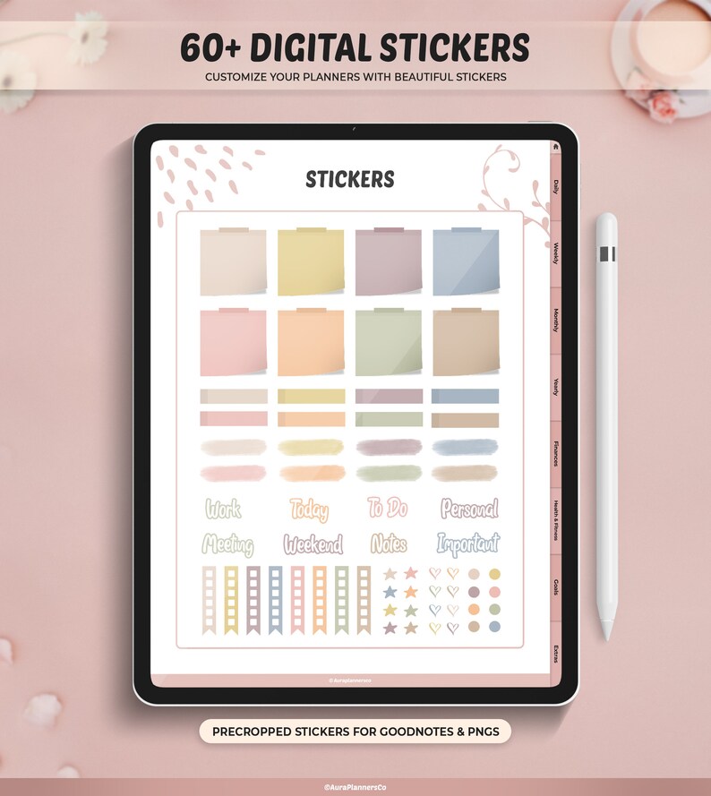 May include: A digital tablet showing digital stickers for planners. The stickers are in pastel shades and include sticky notes, labels, and icons. Text on the screen reads "60+ DIGITAL STICKERS" and "STICKERS". A white stylus is next to the tablet.
