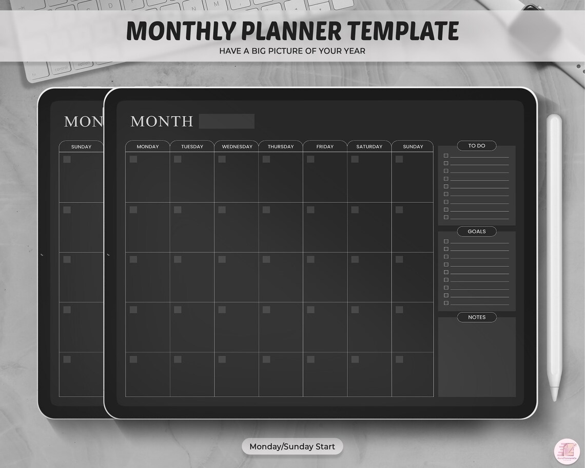 Monthly Planner Goodnotes Template Dark Mode Monthly Planner Etsy