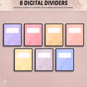 Puede incluir: Ocho divisores digitales con patrones florales en colores pastel. Los divisores tienen un rect&aacute;ngulo blanco en el centro para agregar texto. El texto "8 DIGITAL DIVIDERS" est&aacute; en la parte superior de la imagen. El texto "BEAUTIFUL COVERS TO CUSTOMIZE YOUR PLANNER, NOTEBOOK OR JOURNAL" est&aacute; debajo del t&iacute;tulo.