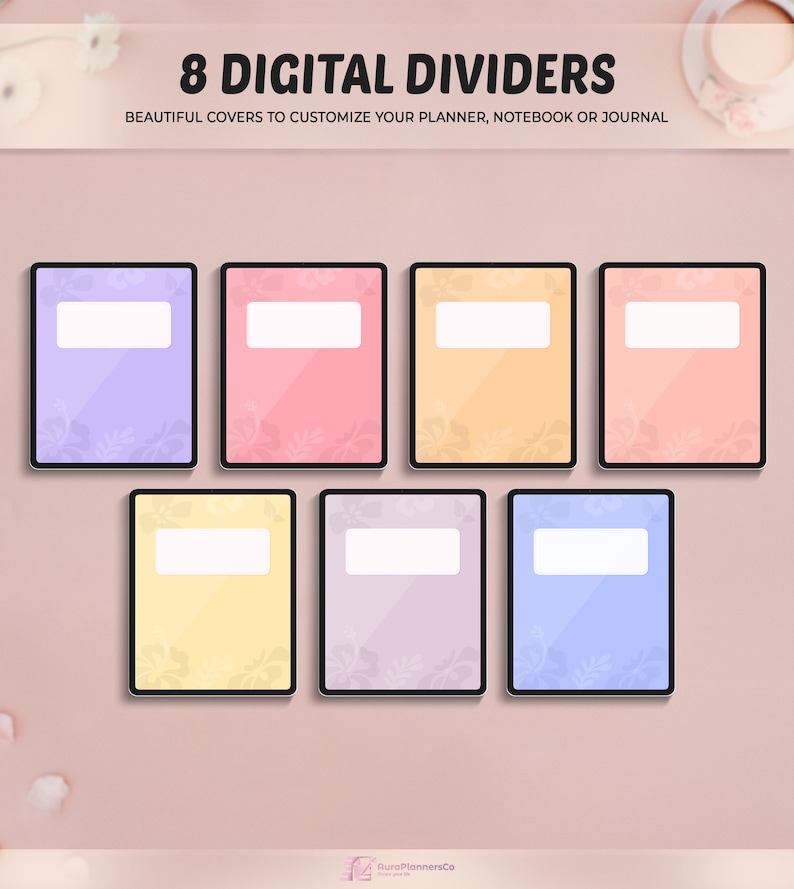 Puede incluir: Ocho divisores digitales con patrones florales en colores pastel. Los divisores tienen un rect&aacute;ngulo blanco en el centro para agregar texto. El texto "8 DIGITAL DIVIDERS" est&aacute; en la parte superior de la imagen. El texto "BEAUTIFUL COVERS TO CUSTOMIZE YOUR PLANNER, NOTEBOOK OR JOURNAL" est&aacute; debajo del t&iacute;tulo.