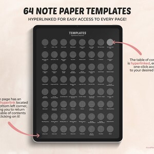 May include: A digital tablet screen displaying a table of contents with 64 different note paper templates. The table of contents is hyperlinked, enabling one-click access to each page. Each page has an invisible hyperlink located at the bottom left corner, allowing you to return to the table of contents by clicking on it.