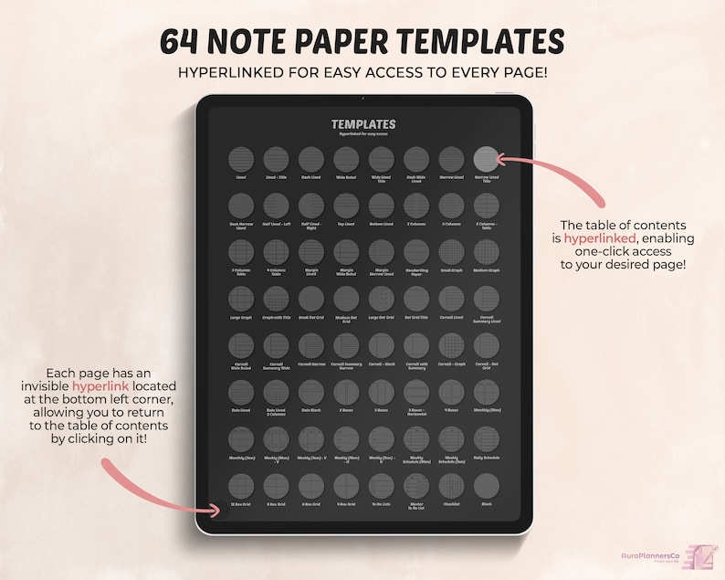 May include: A digital tablet screen displaying a table of contents with 64 different note paper templates. The table of contents is hyperlinked, enabling one-click access to each page. Each page has an invisible hyperlink located at the bottom left corner, allowing you to return to the table of contents by clicking on it.
