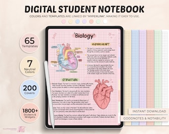 Cuaderno de estudiante digital retrato con pestañas, papel de notas, papel digital, forrado, cuadrícula, punteado, en blanco, plantilla digital, plantilla para tomar notas