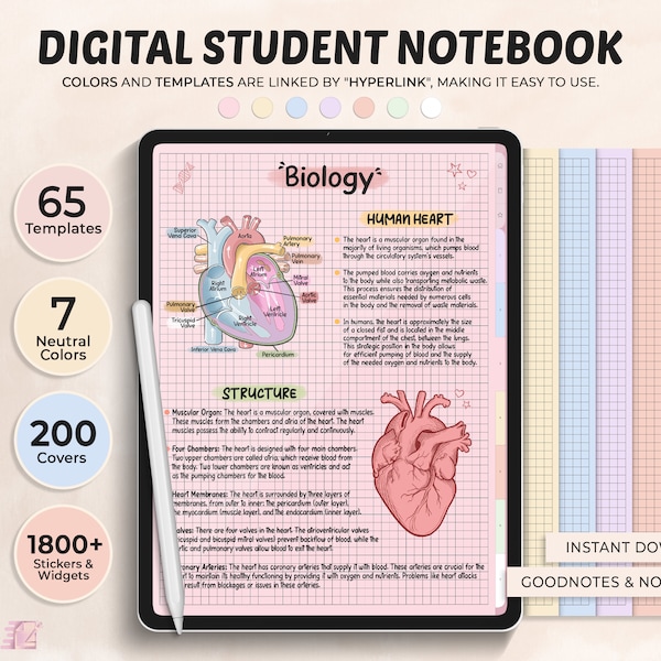 Portret digitaal studentennotitieboekje met tabbladen, notitiepapier, digitaal papier, gelinieerd, raster, gestippeld, blanco, digitale sjabloon, sjabloon voor het maken van notities