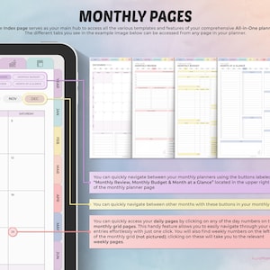 May include: Digital planner interface with the title "MONTHLY PAGES". The screen displays a calendar layout with tabs for different months and functions. Text highlights navigation features and access to daily entries.