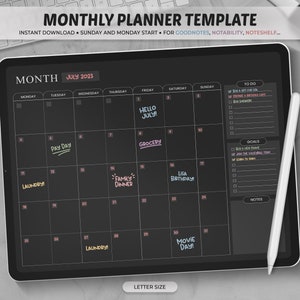 Monthly Planner Goodnotes Template, Dark Mode Monthly Planner Page, Monthly Digital Planner, Undated Monthly Planner, Goodnotes, Notability