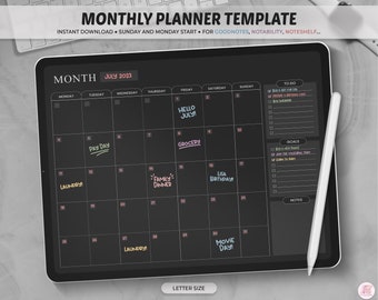 Monthly Planner Goodnotes Template, Dark Mode Monthly Planner Page, Monthly Digital Planner, Undated Monthly Planner, Goodnotes, Notability