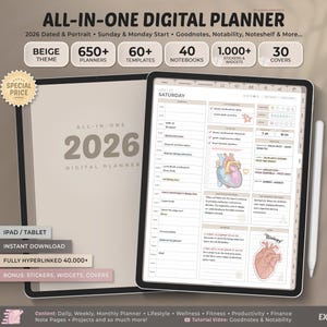 Puede incluir: Un planificador digital para 2026, mostrado en una tableta con un lápiz óptico. El planificador de tema beige incluye más de 650 planificadores, 60+ plantillas, 40 cuadernos, 1.000+ pegatinas y widgets, y 30 cubiertas. La pantalla muestra un horario diario.
