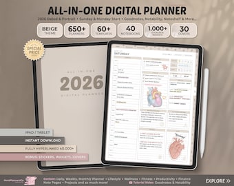 2026 Digital Planner: All-in-One Beige Theme (Goodnotes, Notability)