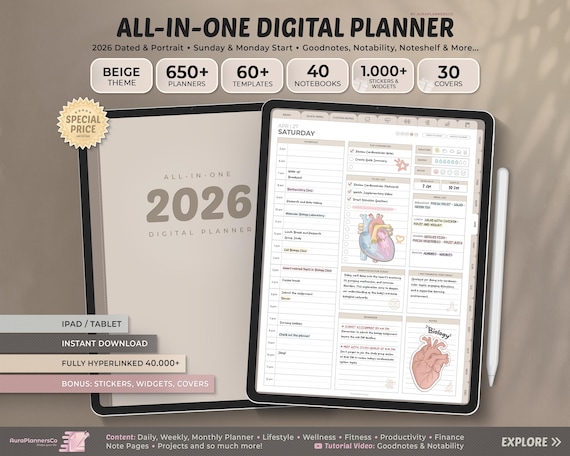 2026 Digital Planner: All-in-One Beige Theme (Goodnotes, Notability)