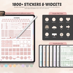 May include: Digital planner stickers and widgets displayed on a tablet with a stylus. The image shows a variety of stickers in different shapes and colors, including hearts, circles, and squares. The text reads "1800+ Stickers & Widgets" and "Stickers prepared in 8 different colors."